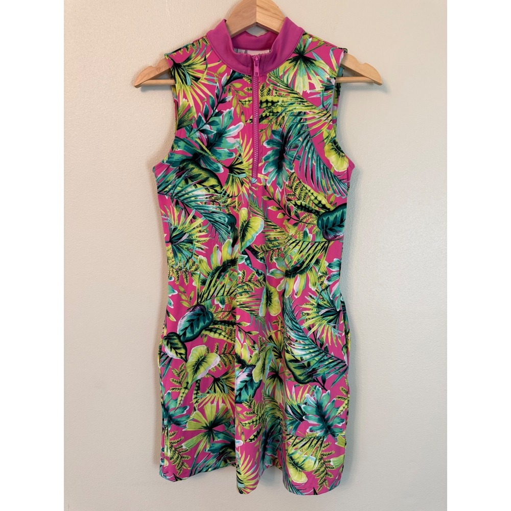 Tommy Bahama Golf Tropical Print Quarter Zip Dress Size S Pink Green